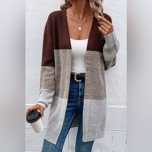 Color Block Open Front Rib-Knit Longline Cardigan Coffee/Gray